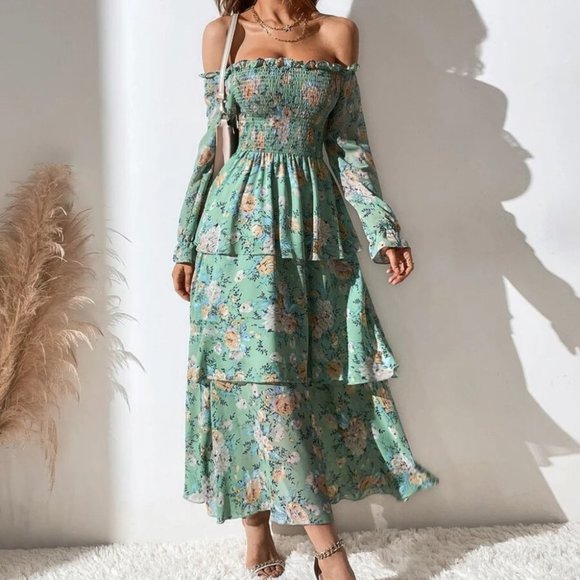 Off The Shoulder Shirred Layered Hem Floral Printed Dress - Picture 8 of 8
